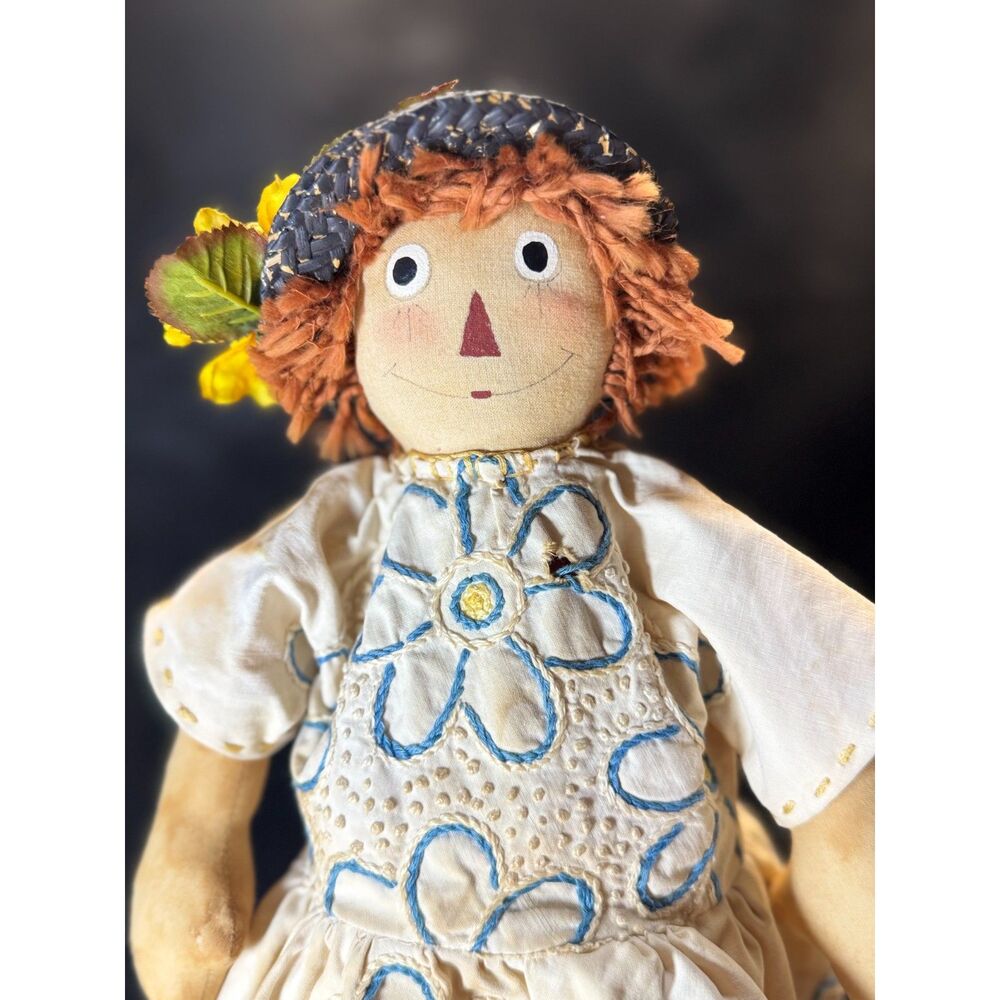 Vtg Judy Hutchins Primitive Prairie Rag Doll Signed Handmade Folk Art  Stand 14"